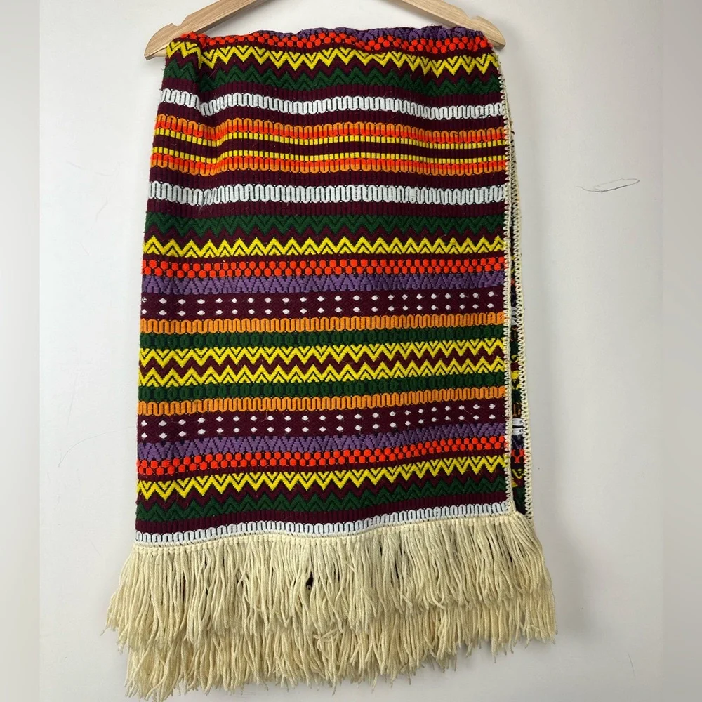 VINTAGE Woven blanket throw wall hanging wool fringe 70s decor boho Aztec 34”x75 - Picture 1 of 10